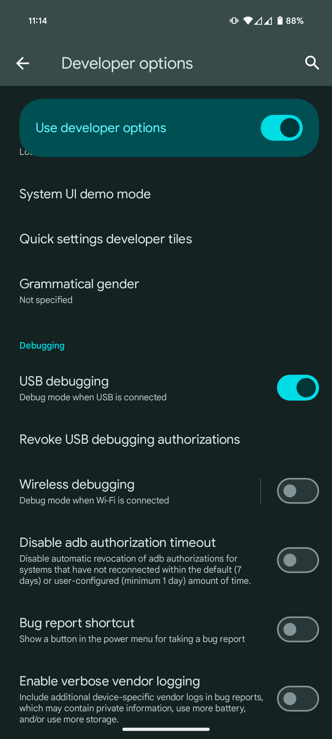 Screenshot of the developer options of the Pixel phone